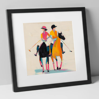 High Goal Hues polo horse art print in black frame