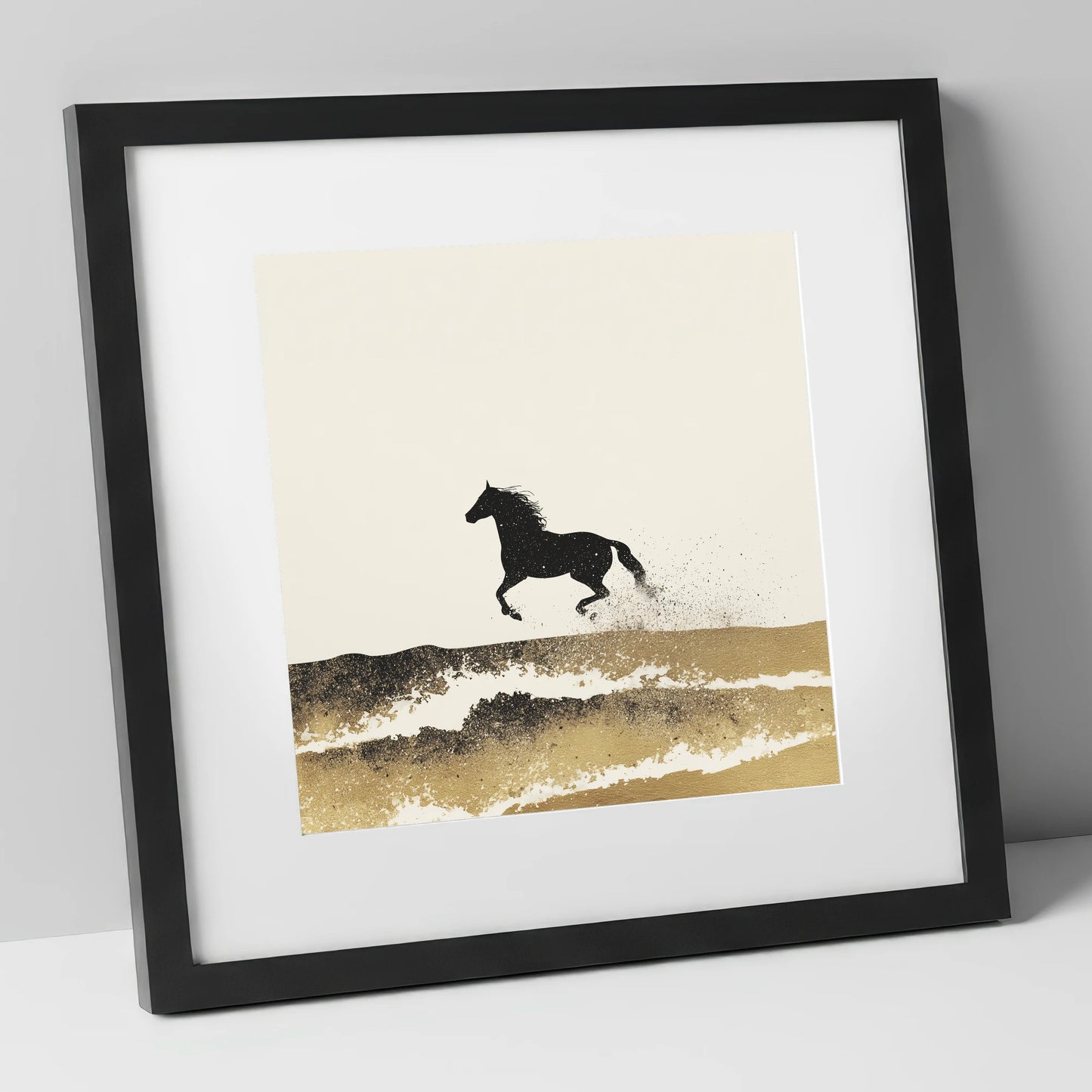Gilded Coastal Gallop beach horse art print in black frame