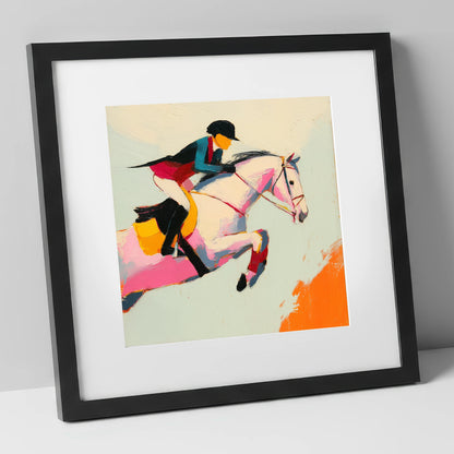Technicolour Showjumper show jumping horse art print in black frame