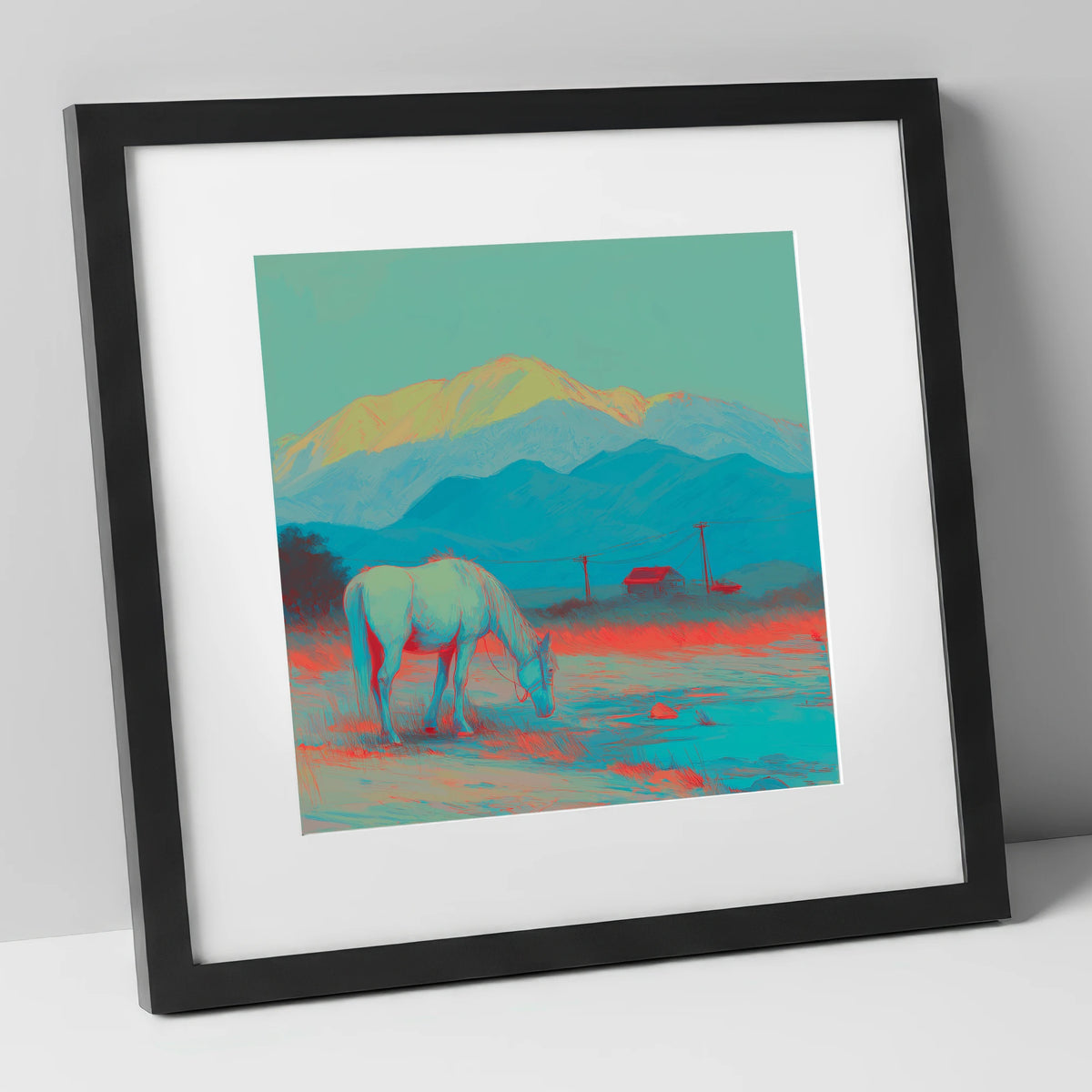 Electric Mountain Grazing horse landscape art print in black frame