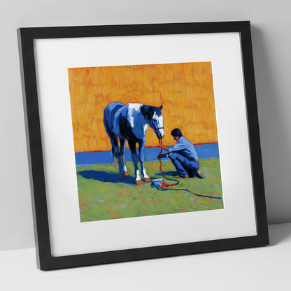 Sun-Drenched Connection horse & rider art print in black frame