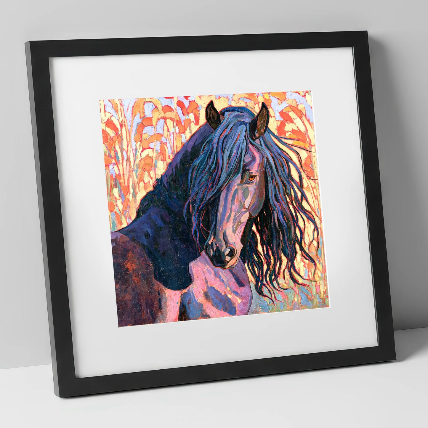 Colourful Friesian Horse Portrait horse breed art print in black frame