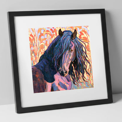 Colourful Friesian Horse Portrait horse breed art print in black frame