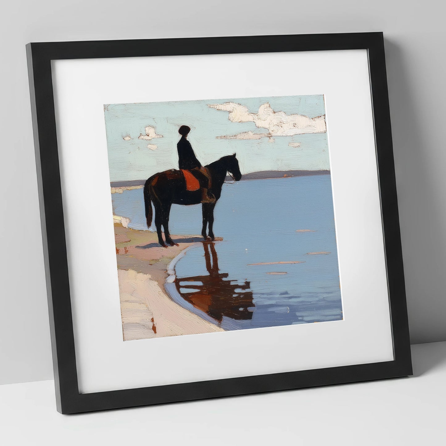 Stillness at the Shore beach horse art print in black frame