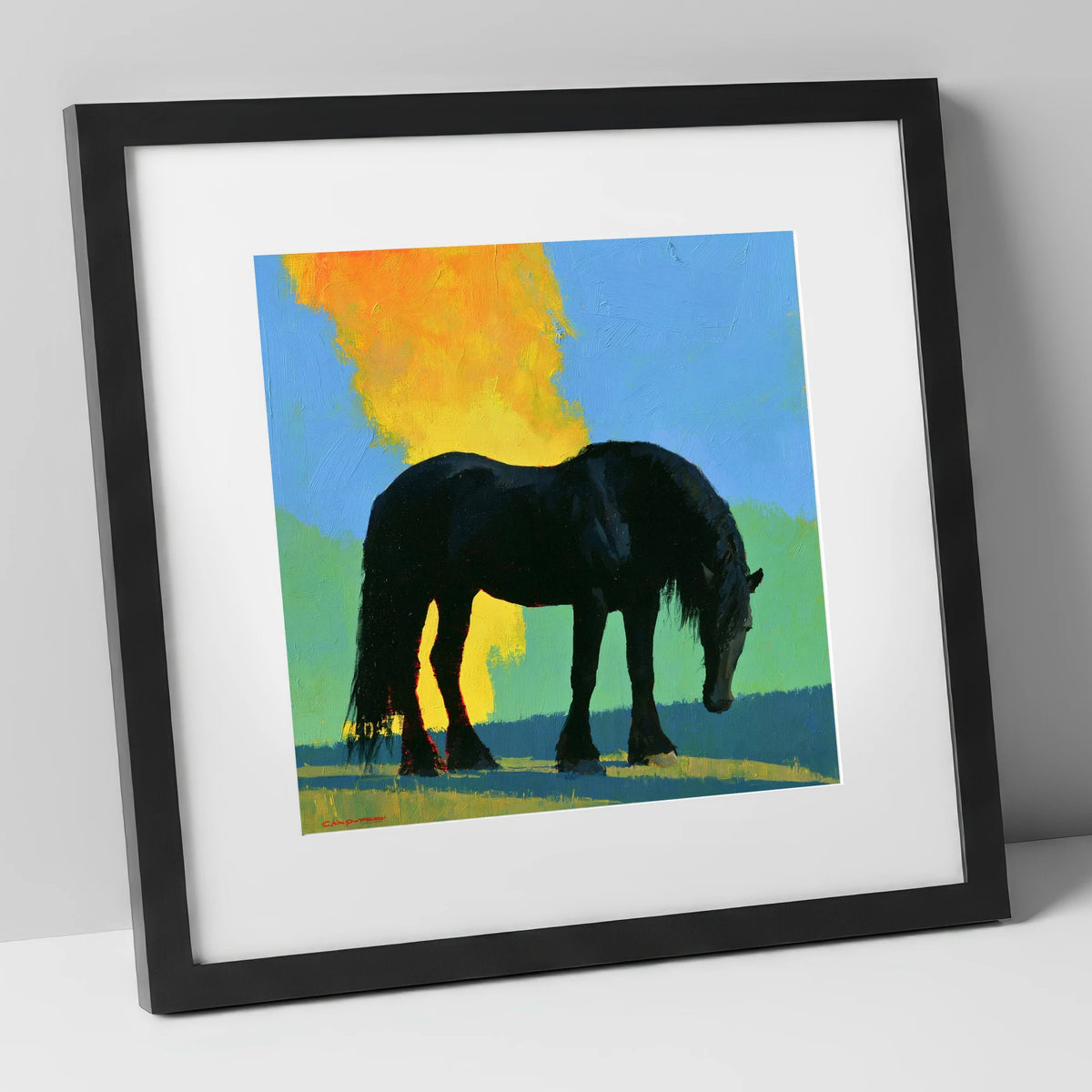 Black Heavy Horse Vibrant Landscape horse breed art print in black frame