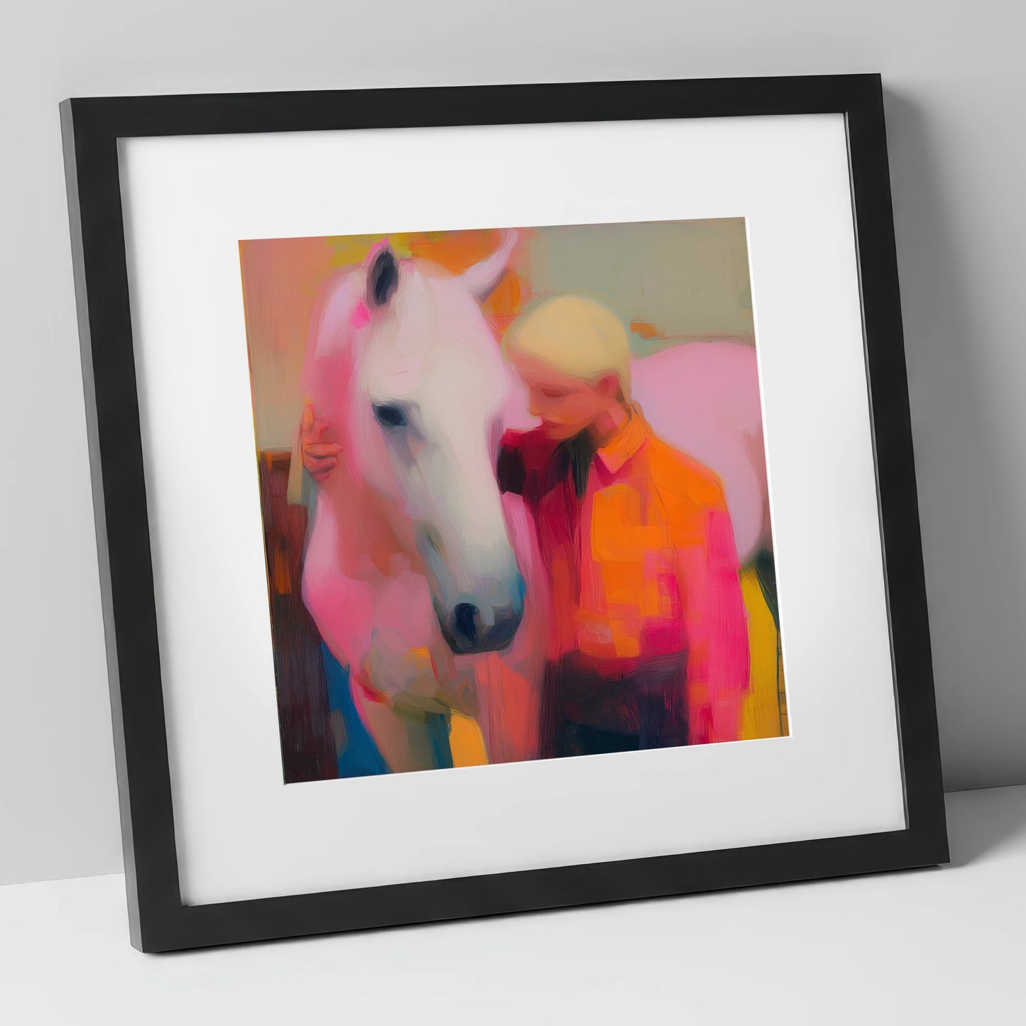 The Radiant Embrace horse & rider art print in black frame