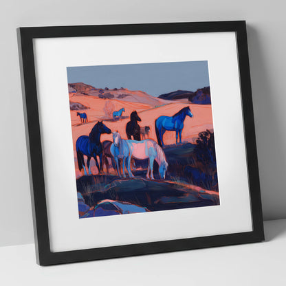 Indigo Herd at Dusk horse landscape art print in black frame