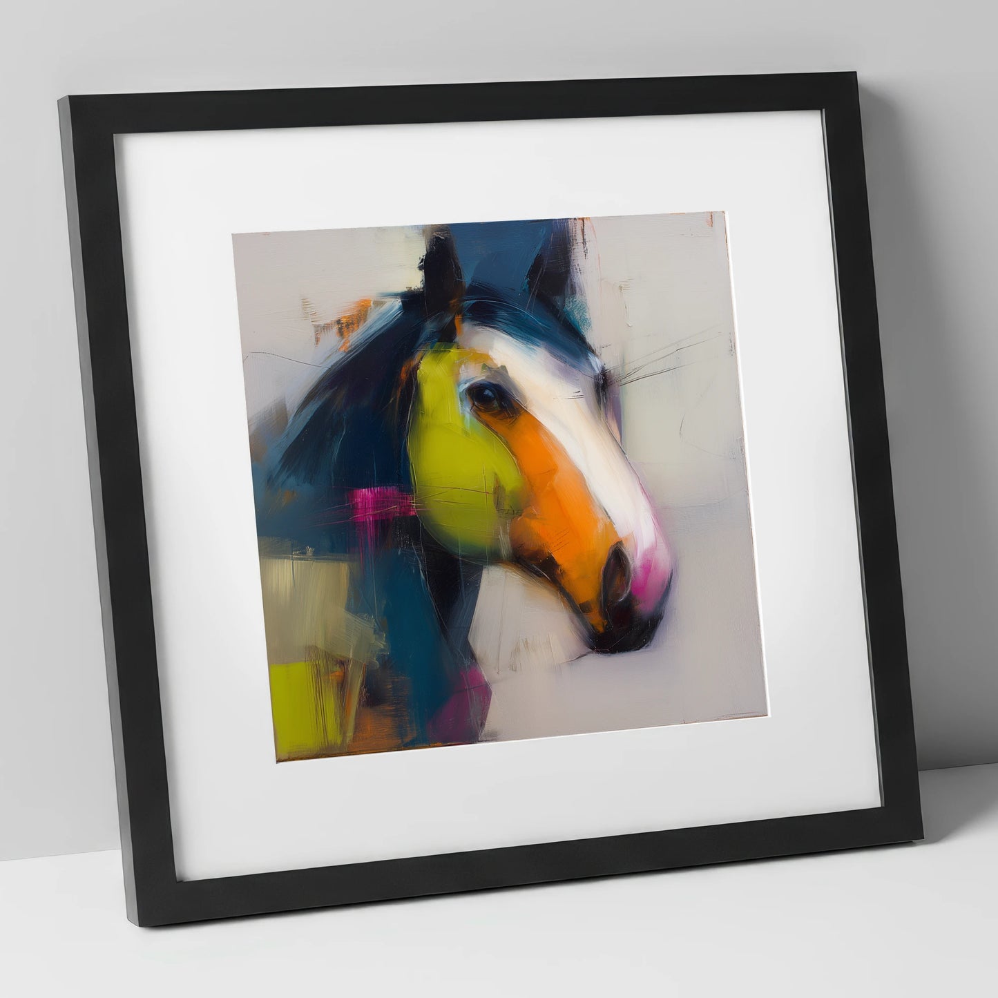 Vibrant Contemporary Profile horse portrait art print in black frame