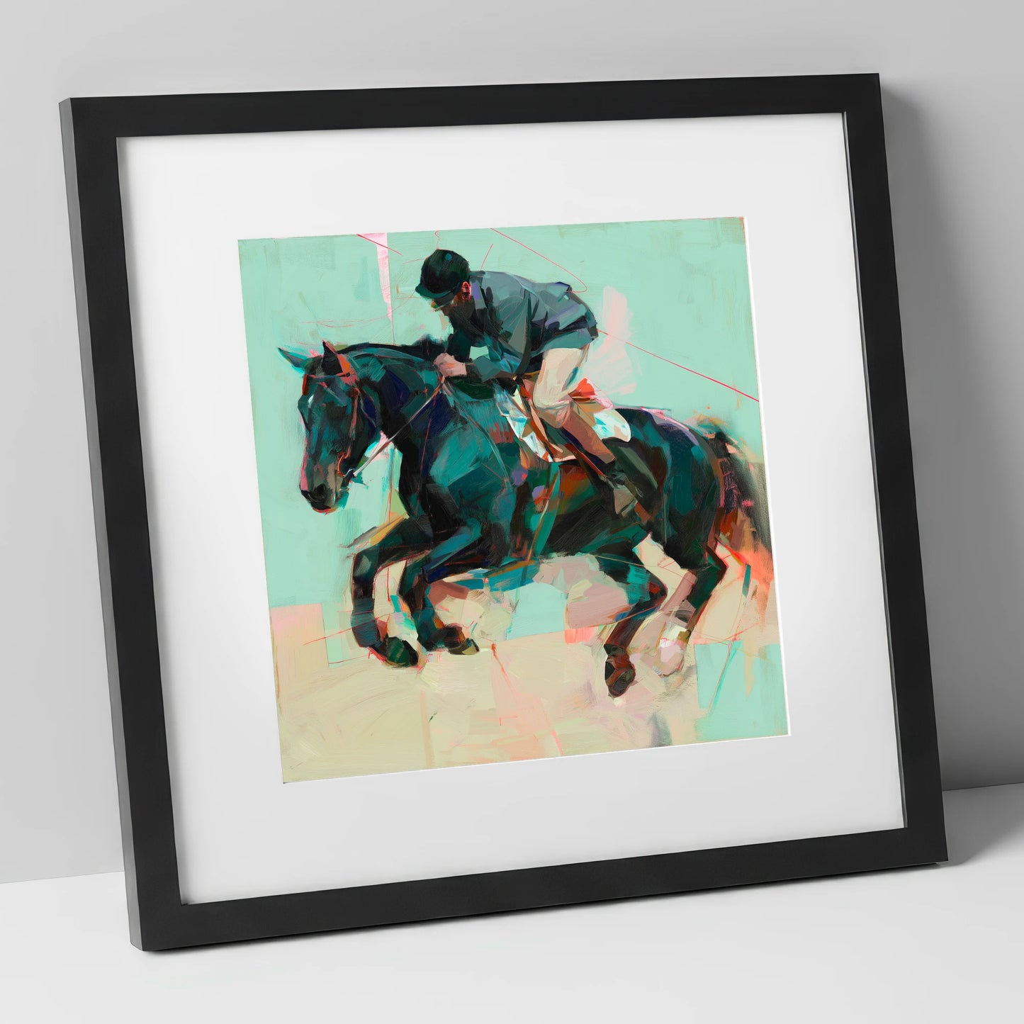 Modern Showjumper show jumping horse art print in black frame