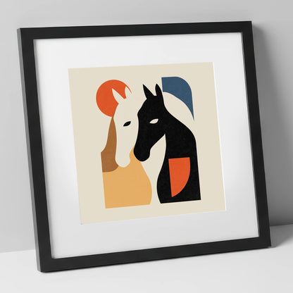 Modernist Equine Embrace horse portrait art print in black frame