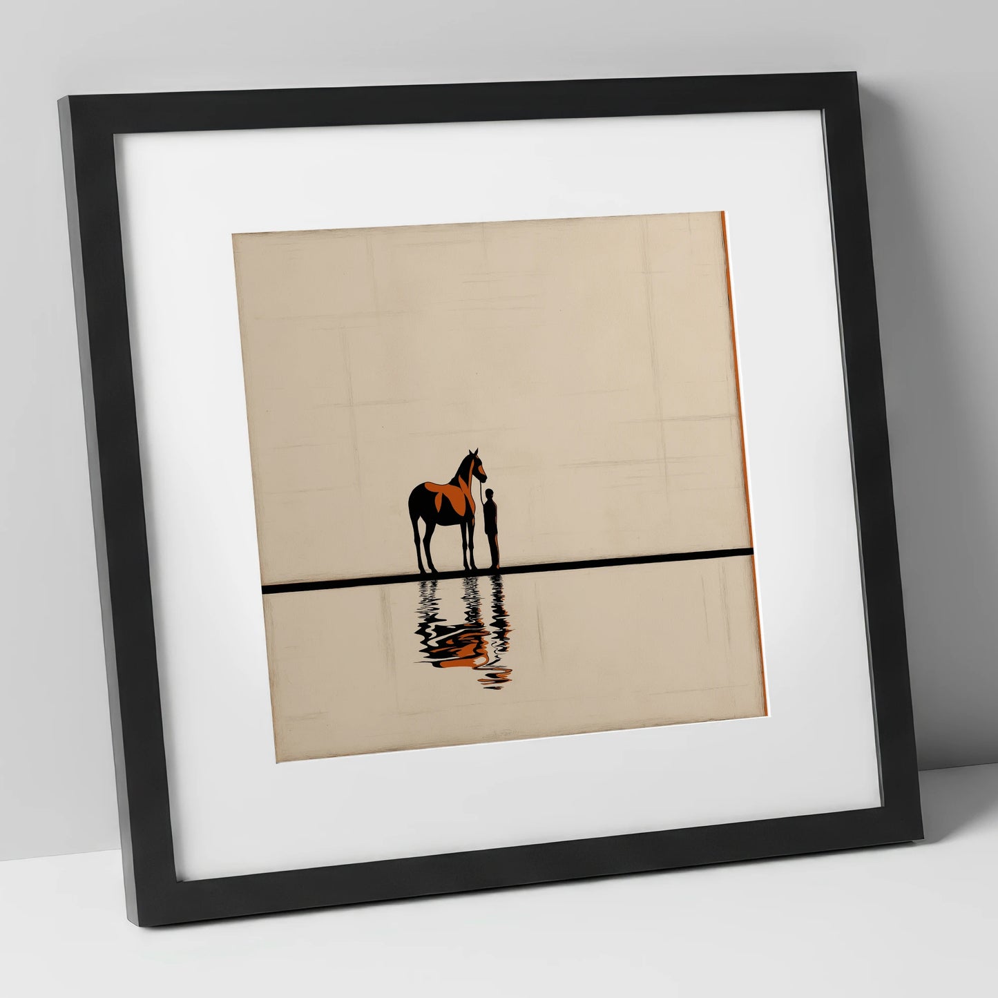 Reflected Bond horse & rider art print in black frame