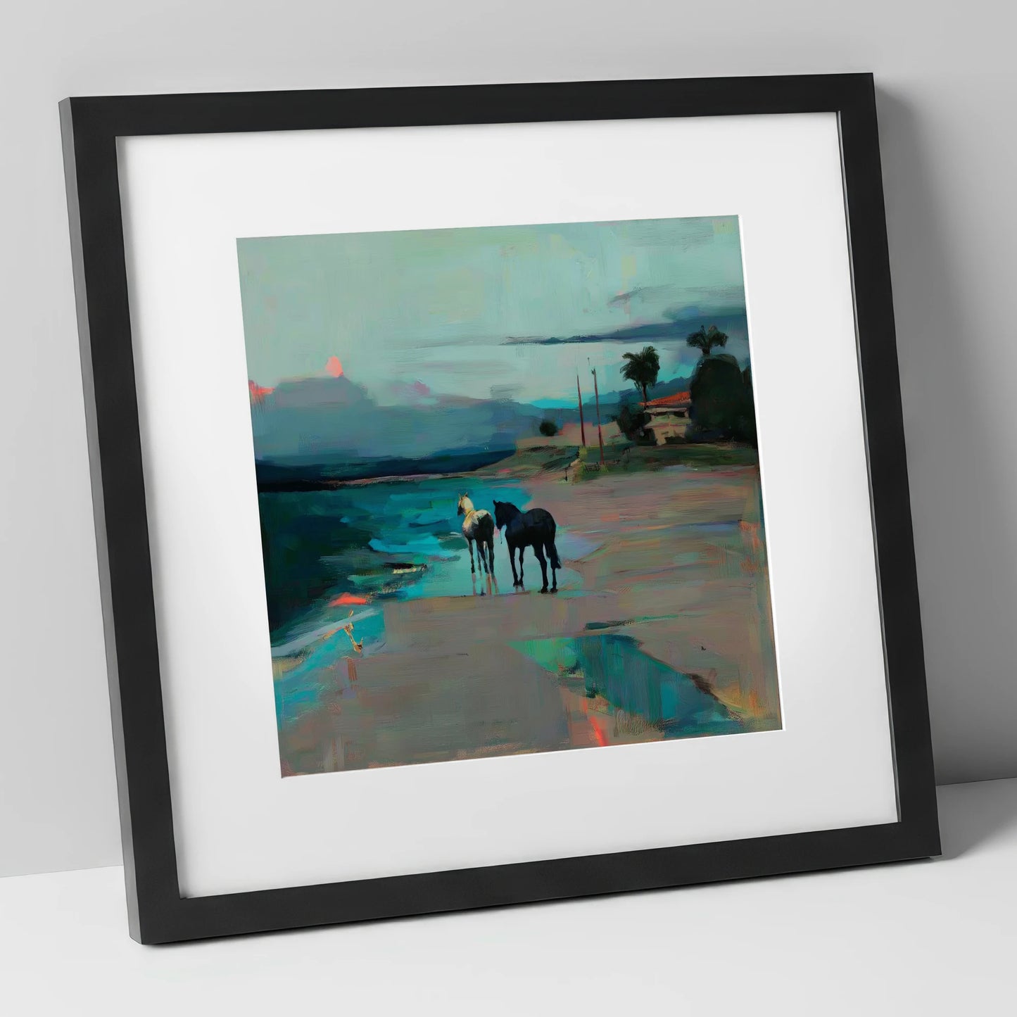 Dusk on the Shoreline horse landscape art print in black frame