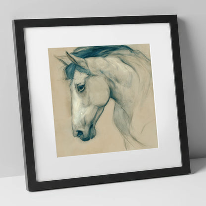 Quiet Grey Profile horse portrait art print in black frame
