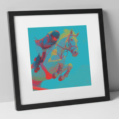 Vivid Airtime show jumping horse art print in black frame