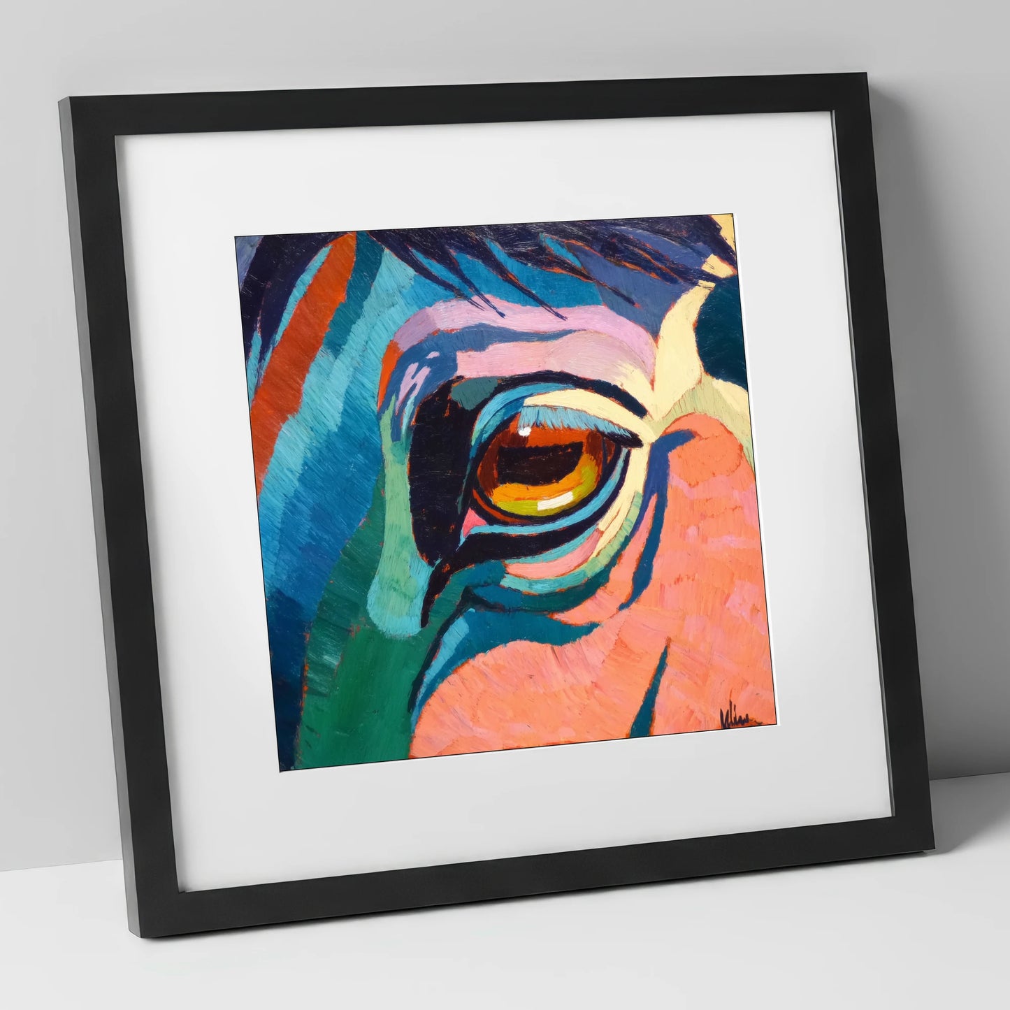 Vibrant Equine Gaze horse portrait art print in black frame