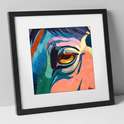 Vibrant Equine Gaze horse portrait art print in black frame