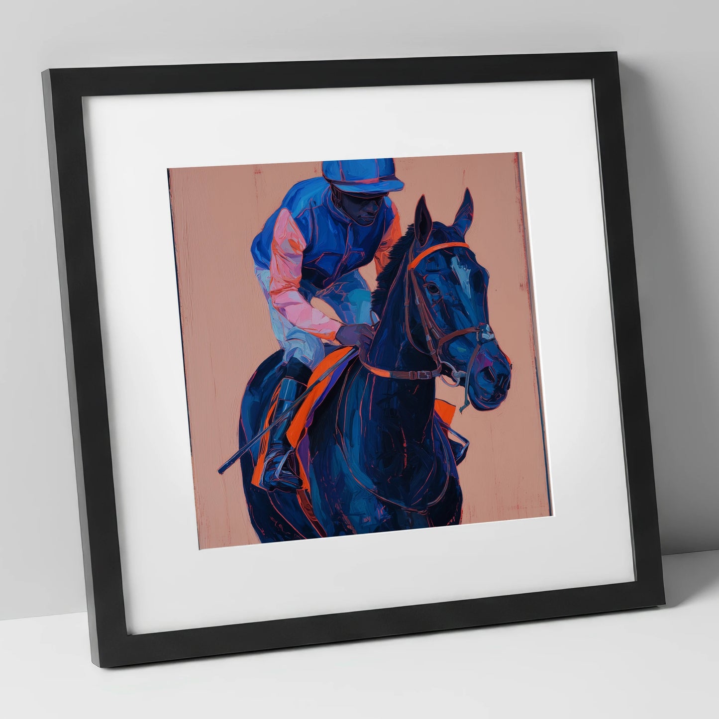 The Indigo Favourite racing horse art print in black frame