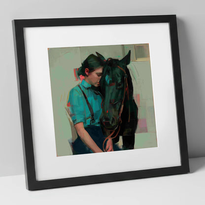 A Quiet Understanding horse & rider art print in black frame