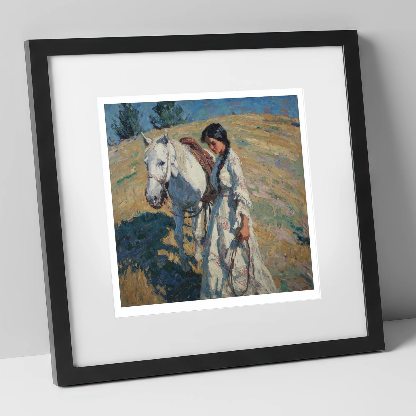 Sunlit Summer Stroll horse & rider art print in black frame