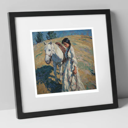 Sunlit Summer Stroll horse & rider art print in black frame