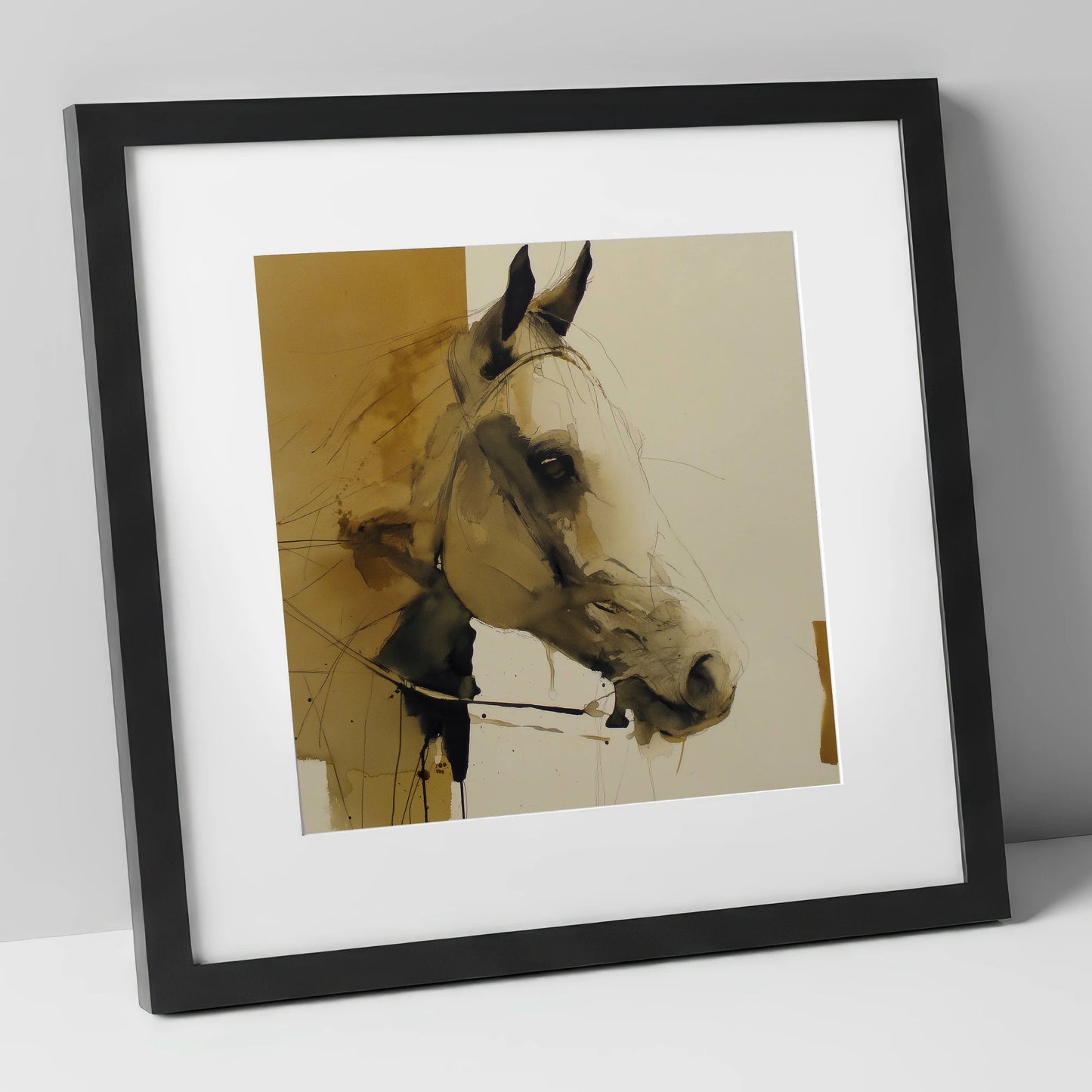 Sepia Wash Profile horse portrait art print in black frame
