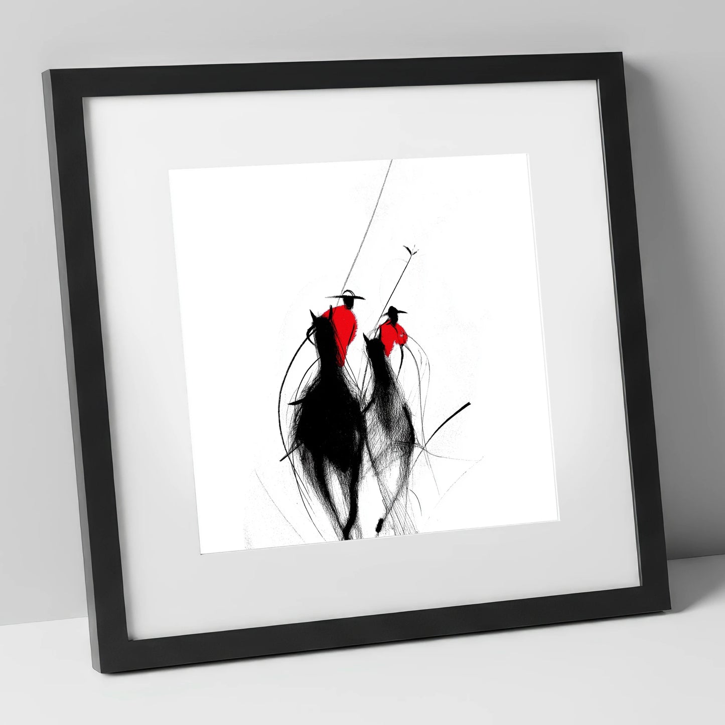 The Crimson Chukka polo horse art print in black frame