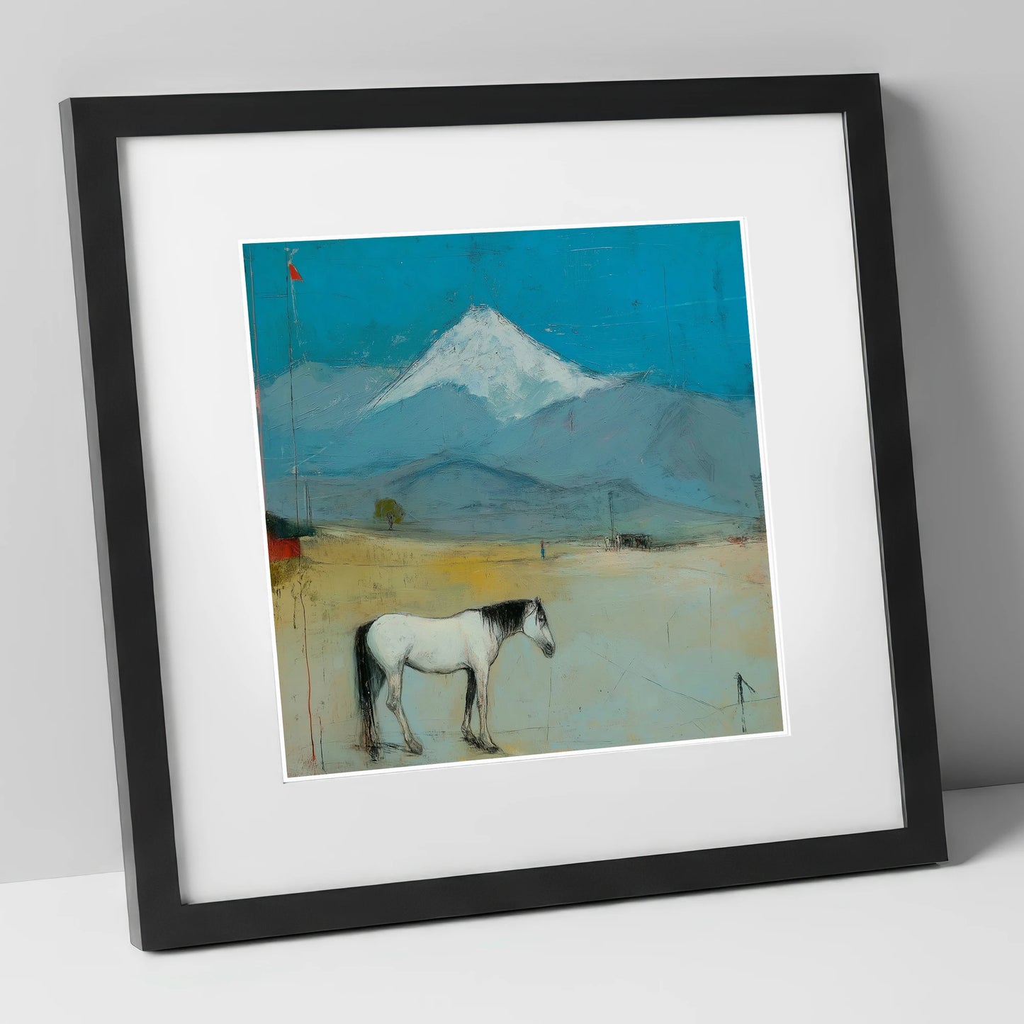 Beneath the Snow Peak horse landscape art print in black frame