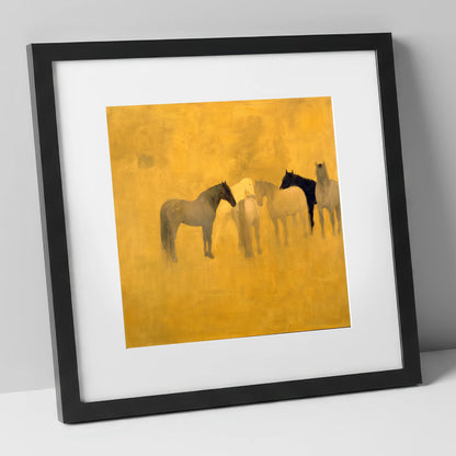 Sunlit Gathering wild horses art print in black frame