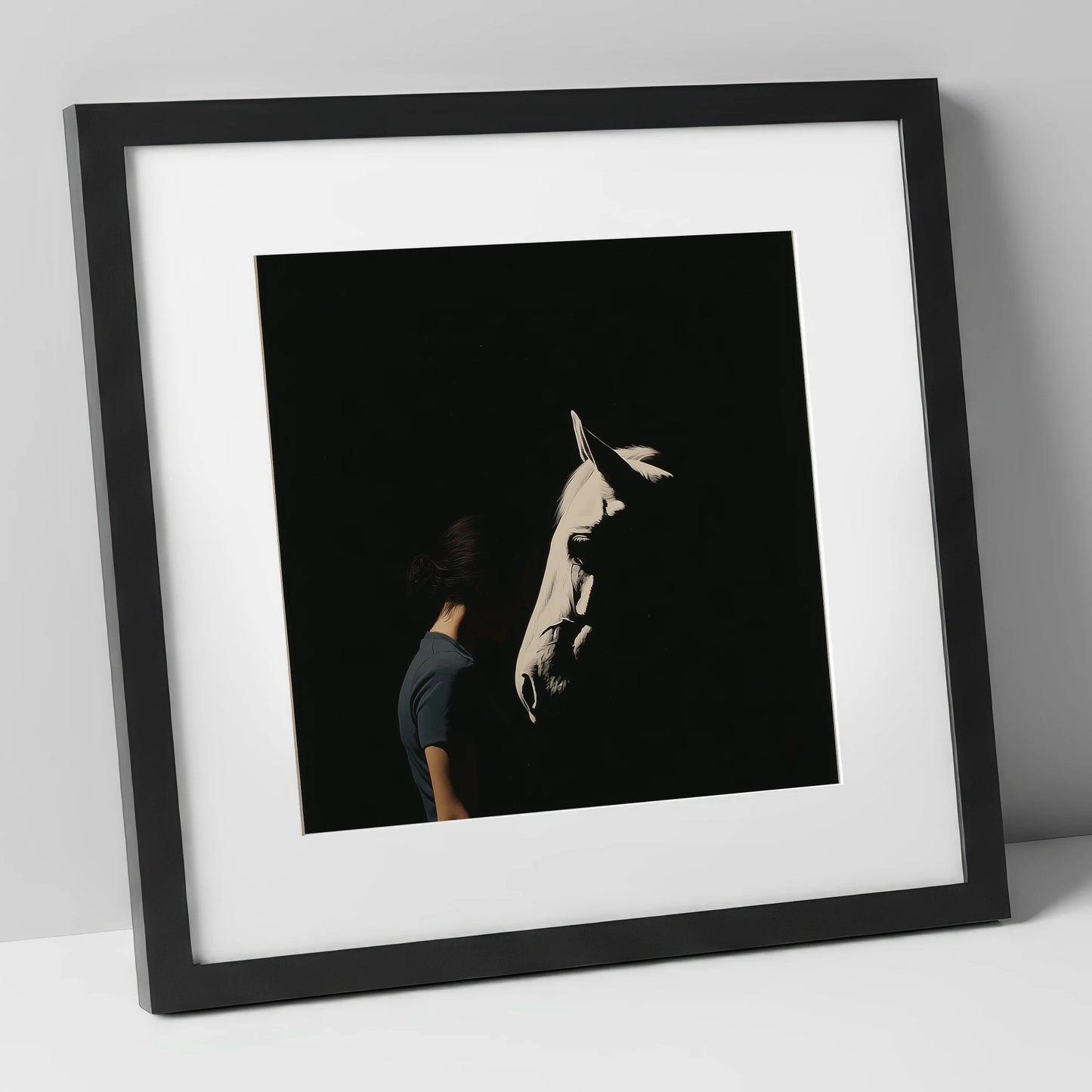 The Quiet Bond horse & rider art print in black frame