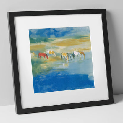 Vivid Watering Hole wild horses art print in black frame
