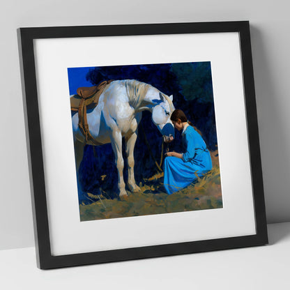 Bond in Blue and Gold horse & rider art print in black frame