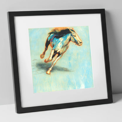 Cerulean Sprint racing horse art print in black frame