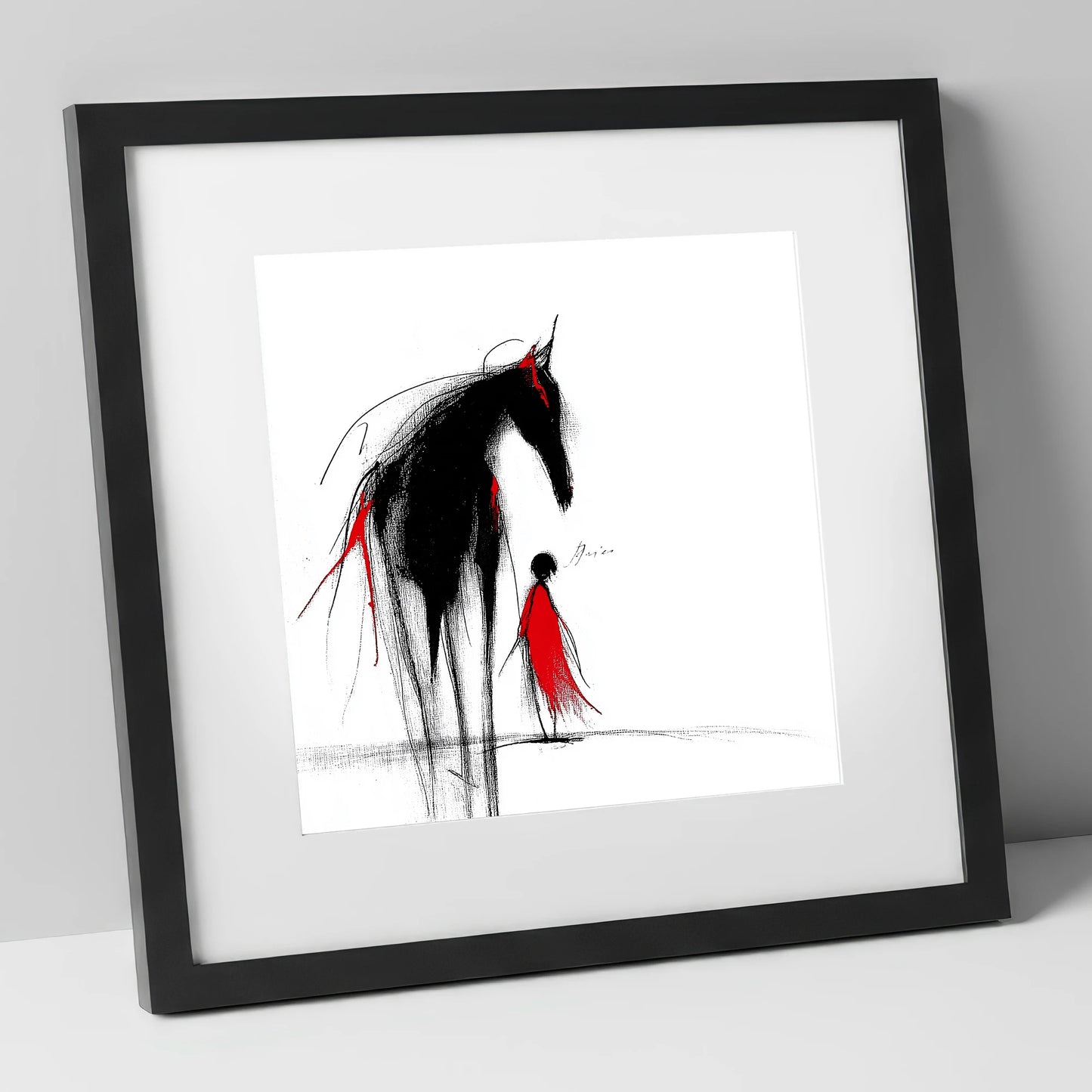 Crimson Silhouette horse & rider art print in black frame