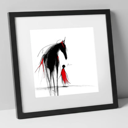 Crimson Silhouette horse & rider art print in black frame
