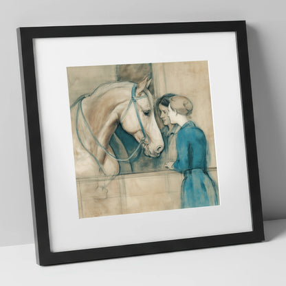 A Gentle Exchange horse & rider art print in black frame