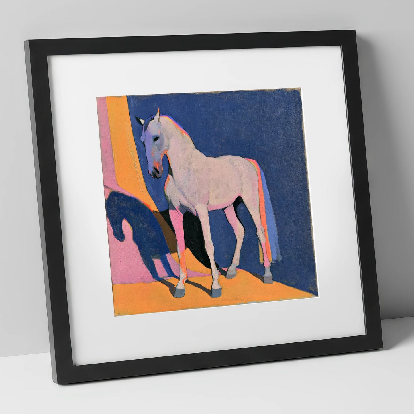 Colourful Grey Horse And Shadow horse breed art print in black frame