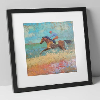 The Coastal Gallop racing horse art print in black frame