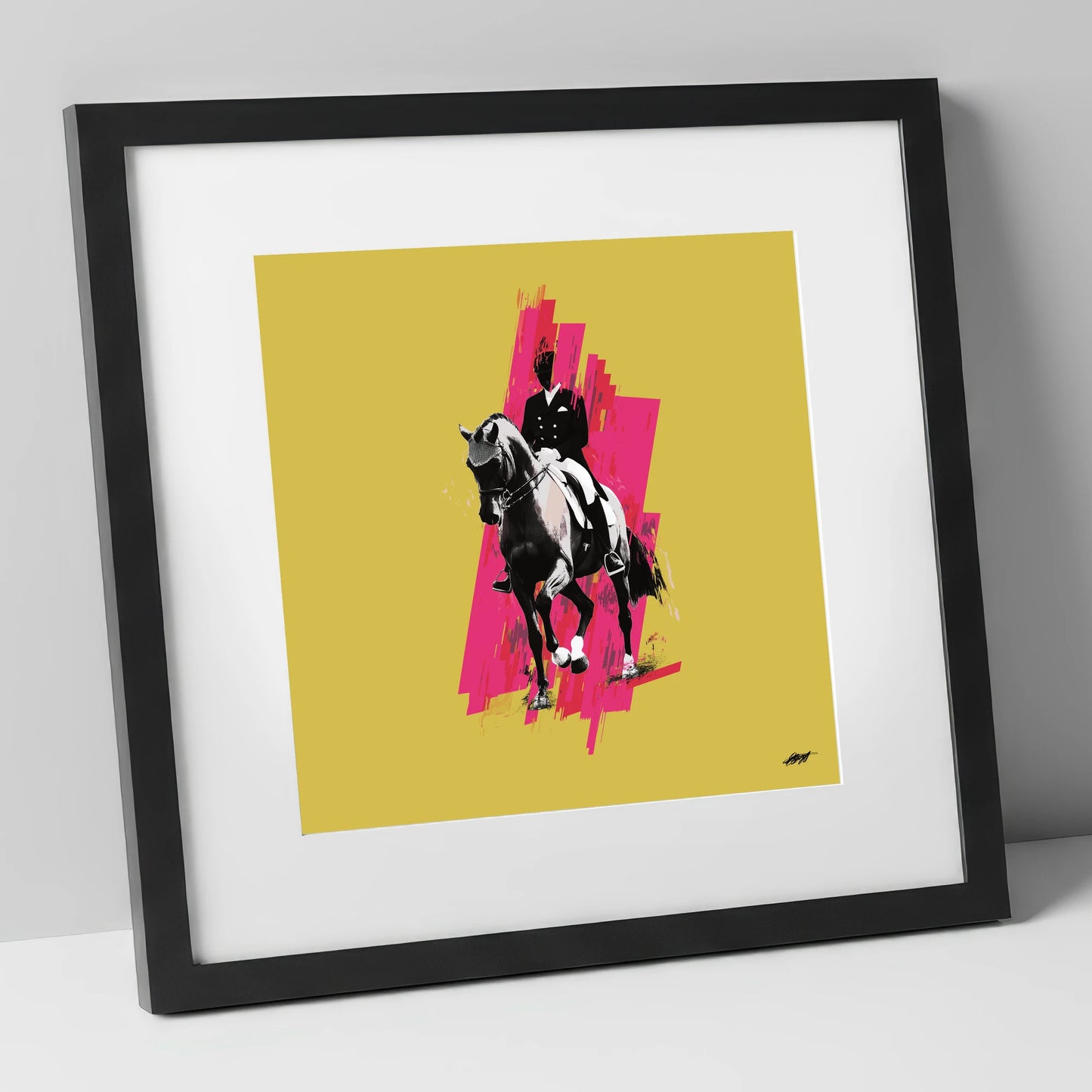 Bold Dressage Rhythm dressage horse art print in black frame