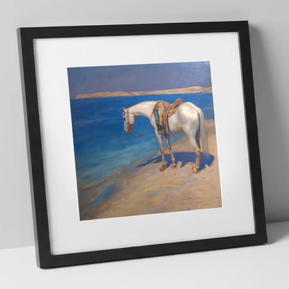 The Patient Grey horse landscape art print in black frame