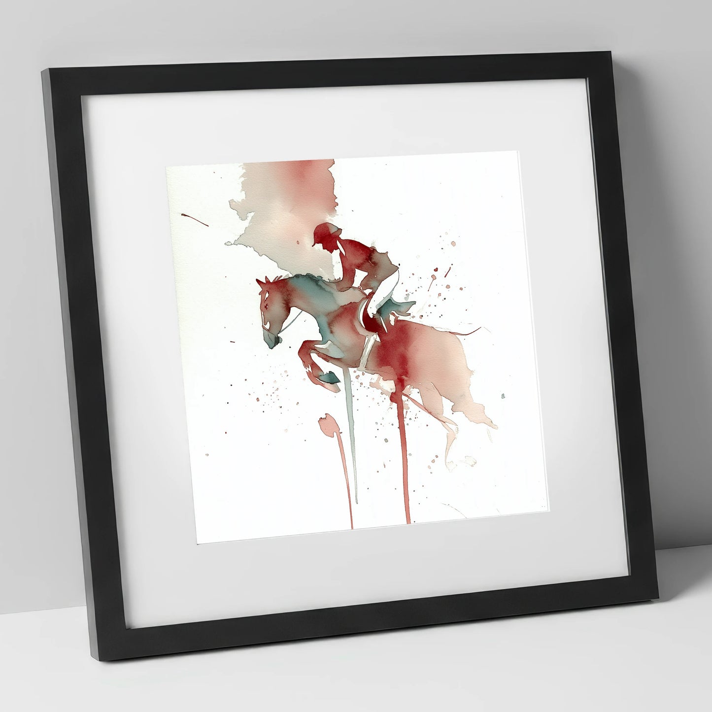 Crimson Flight show jumping horse art print in black frame