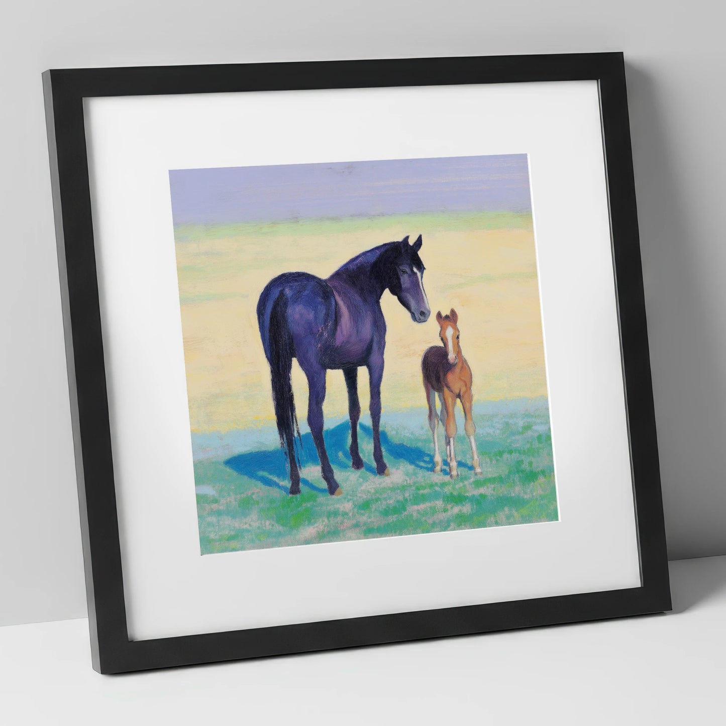 The Gentle Watch mare & foal art print in black frame