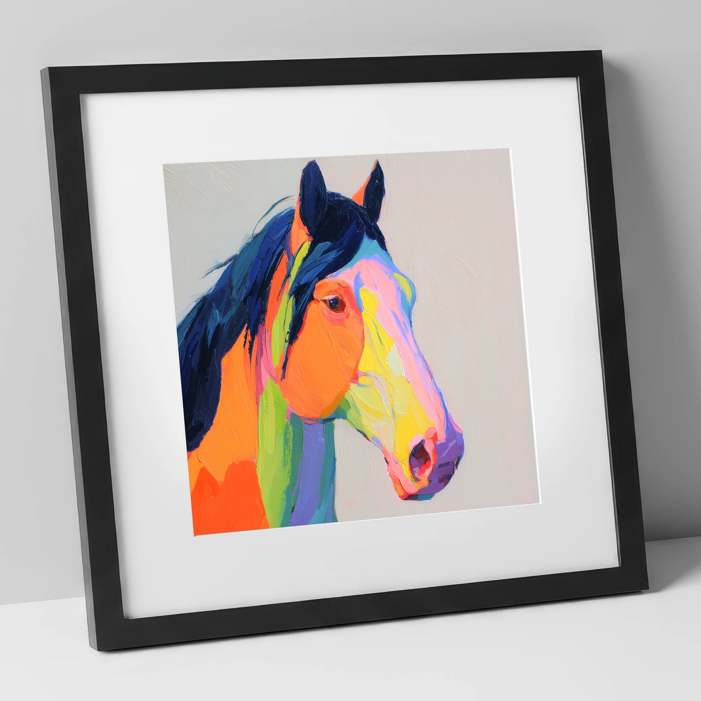 Technicolour Equine Profile horse portrait art print in black frame
