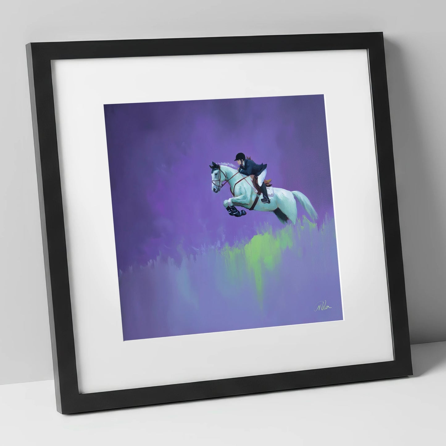 Violet Suspension show jumping horse art print in black frame