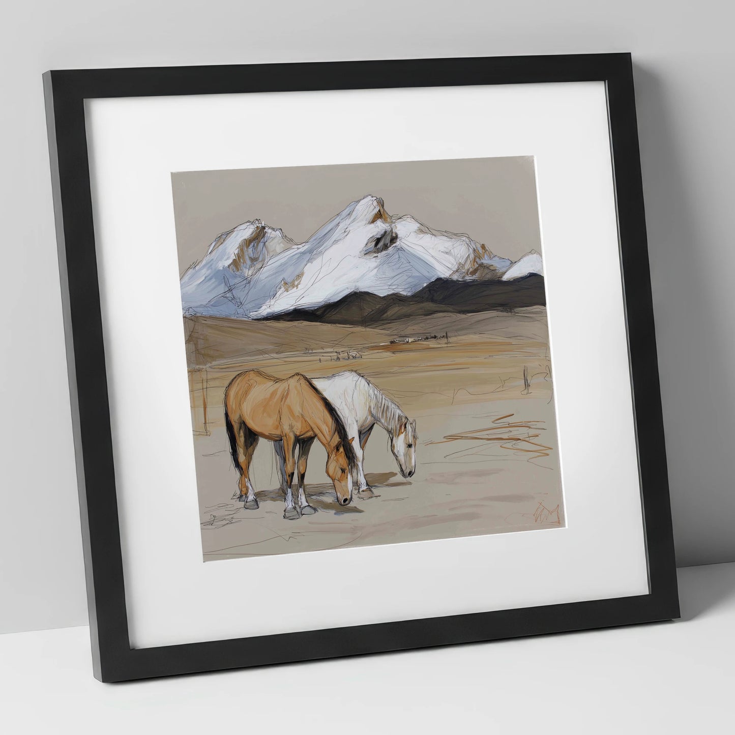High Country Grazing horse landscape art print in black frame