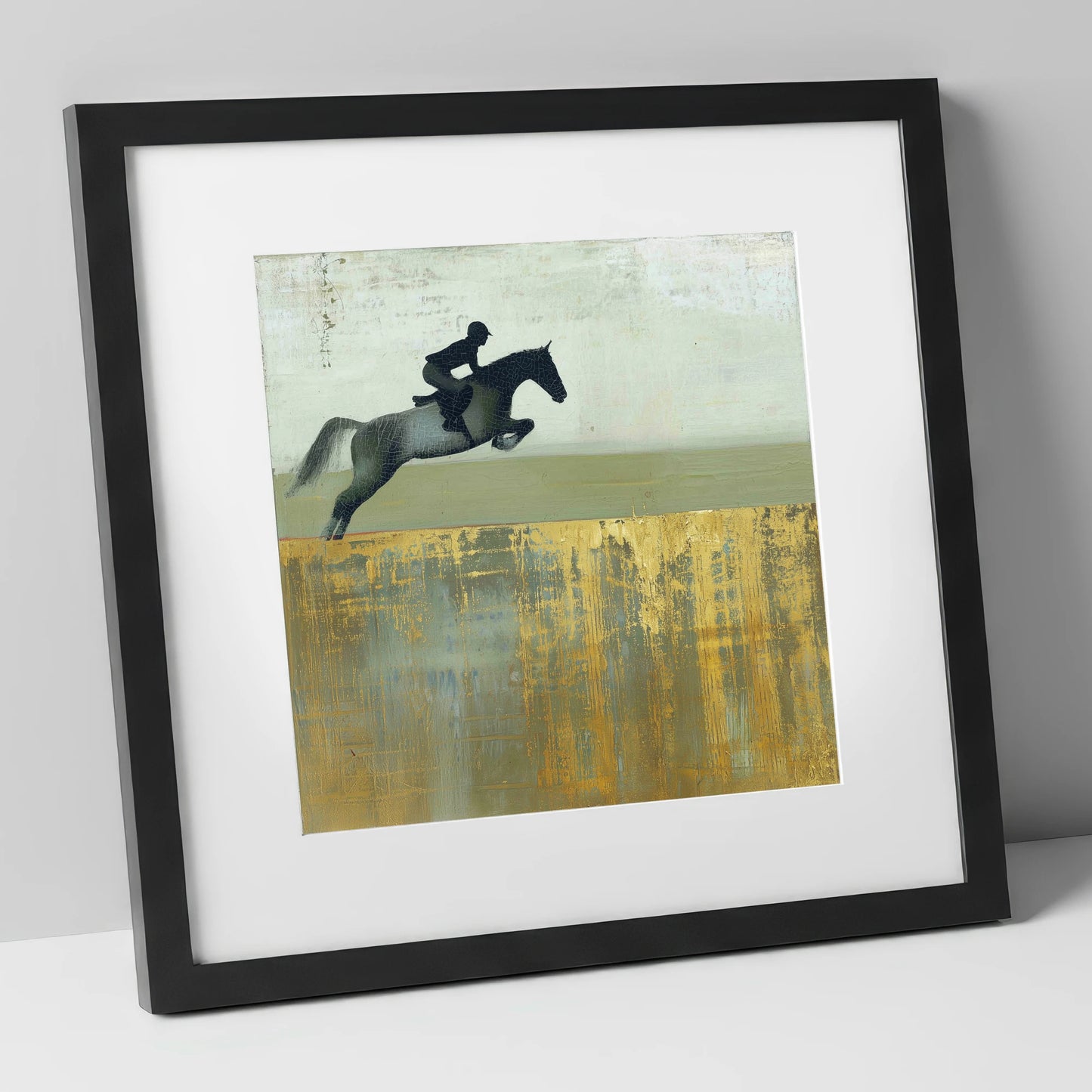 Golden Momentum show jumping horse art print in black frame