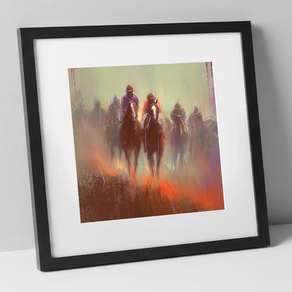 The Dawn Gallop racing horse art print in black frame