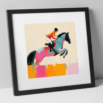 Technicolour Flight show jumping horse art print in black frame