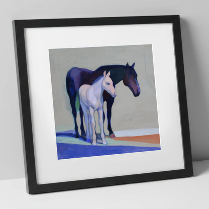 Indigo and Dawn mare & foal art print in black frame