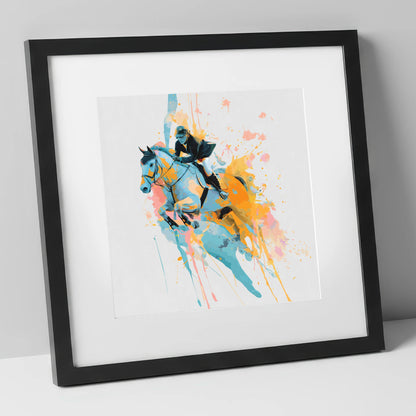 Airborne In Colour show jumping horse art print in black frame