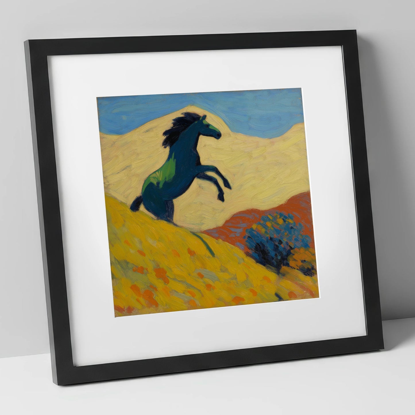 Rearing Indigo wild horses art print in black frame